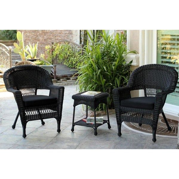 3 Piece Black Resin Wicker Patio Chairs And End Table Furniture Set Throughout Black And Tan Rattan Console Tables (View 19 of 20)