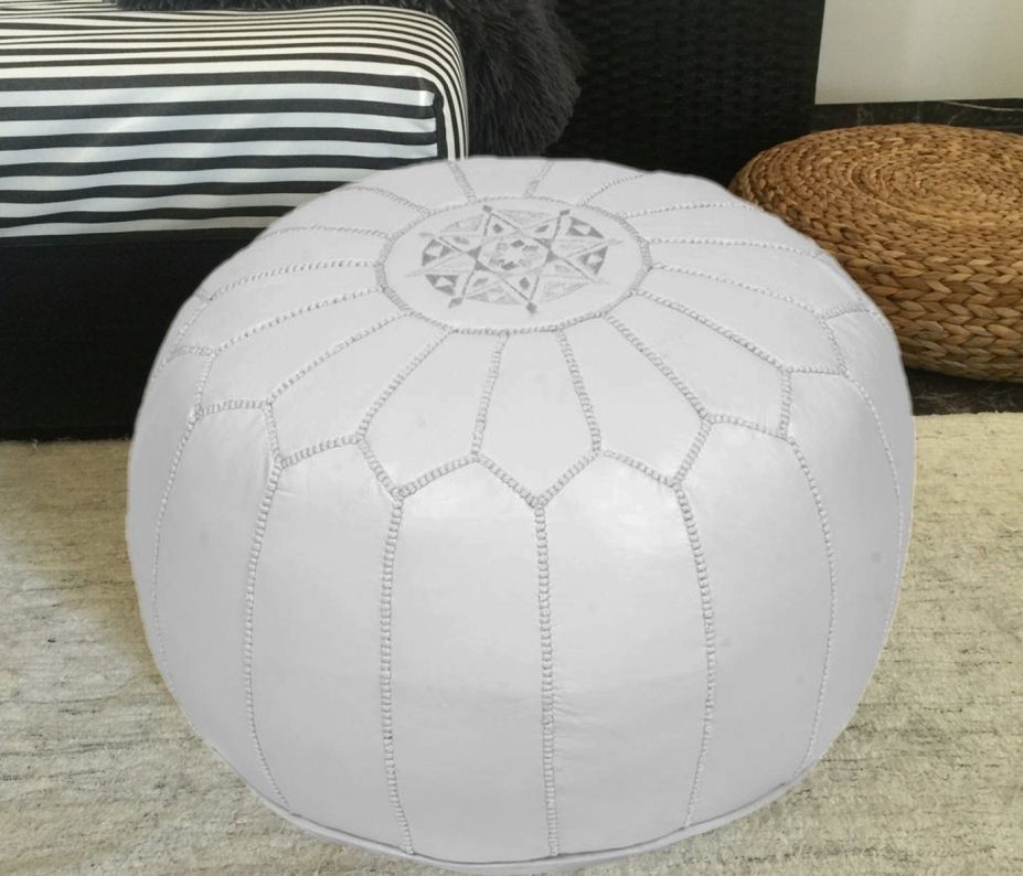 30% Off Leather Round Ottoman, Leather White Pouf, Moroccan Otto For Weathered Gold Leather Hide Pouf Ottomans (View 5 of 20)
