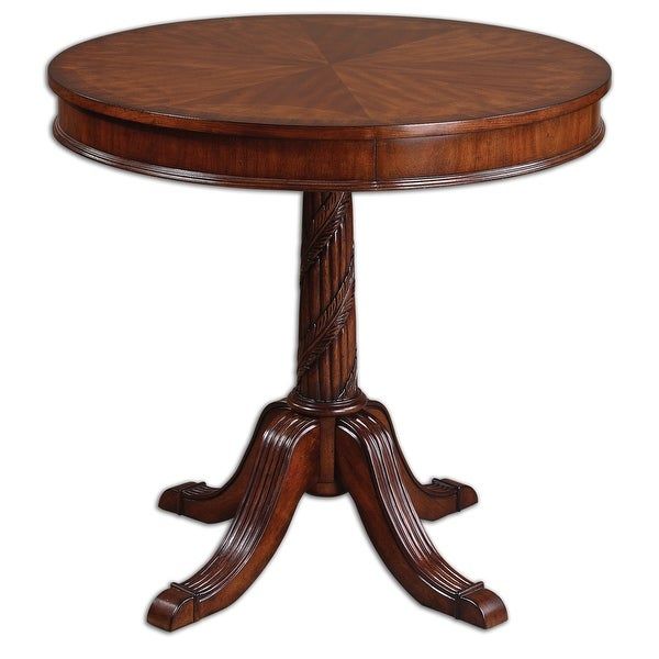 32" Darrow Pecan Brown Inlaid & Carved Wood Round Accent Pedestal Side Inside Pecan Brown Triangular Console Tables (View 9 of 20)