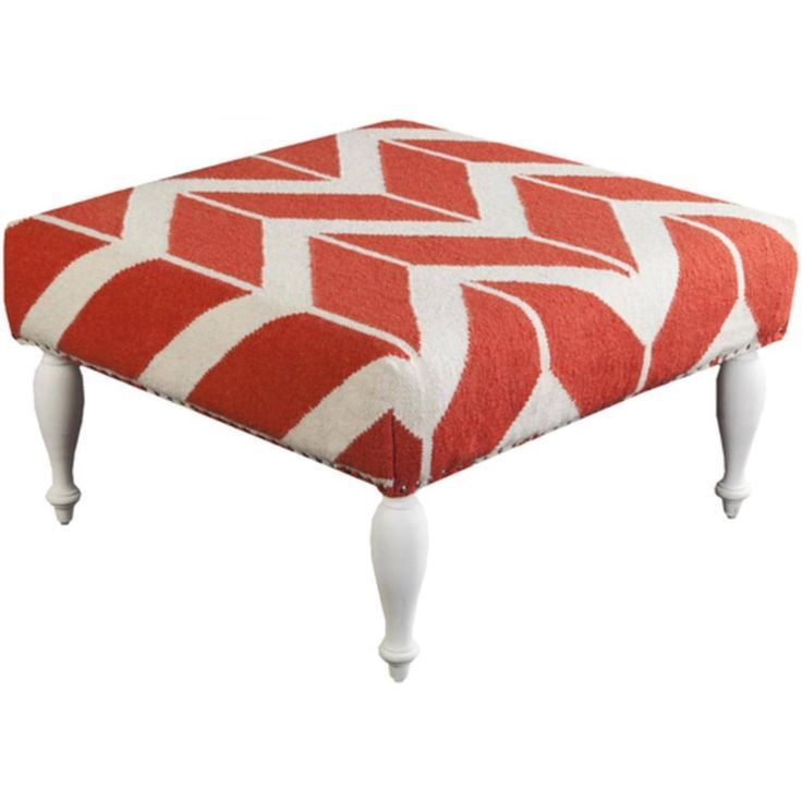 32" Vivid Orange And Ivory Chevron Upholstered Wool And Wooden Foot Inside White Ivory Wool Pouf Ottomans (View 20 of 20)