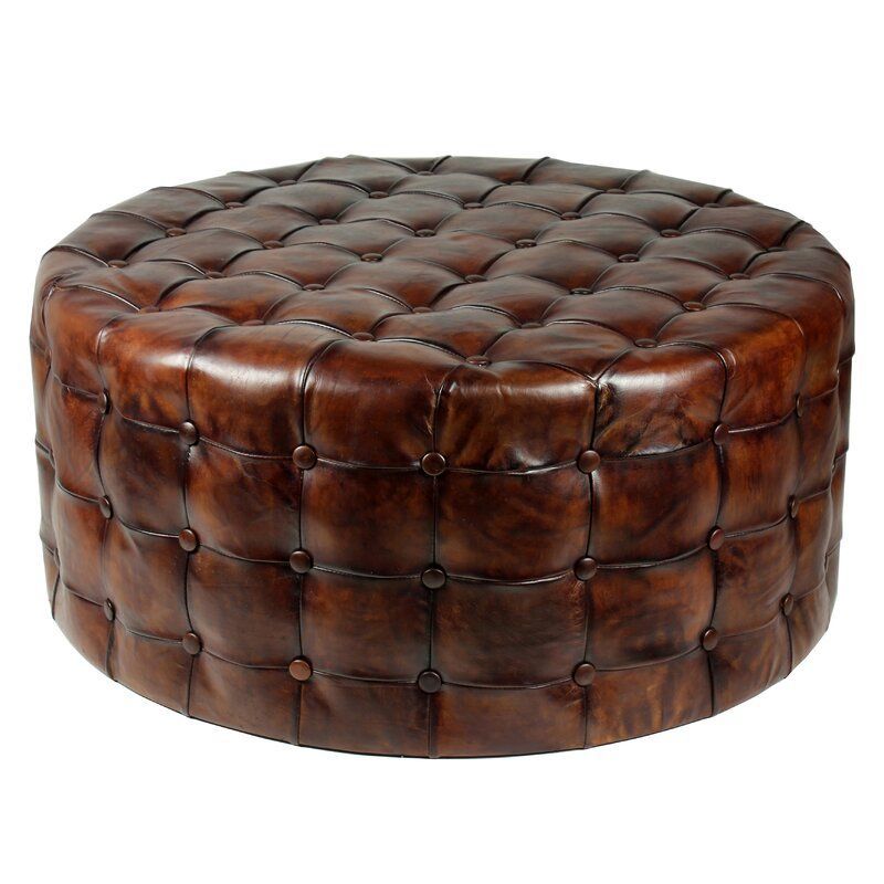 36" Genuine Leather Tufted Round Cocktail Ottoman | Leather Tufted In Medium Gray Leather Pouf Ottomans (View 3 of 20)
