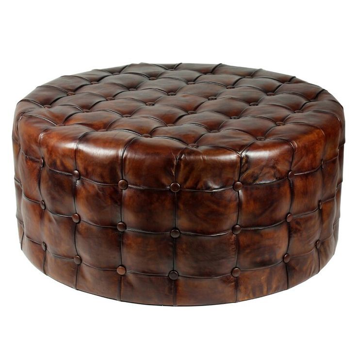 36" Genuine Leather Tufted Round Cocktail Ottoman | Leather Tufted With Textured Blush Round Pouf Ottomans (View 8 of 20)