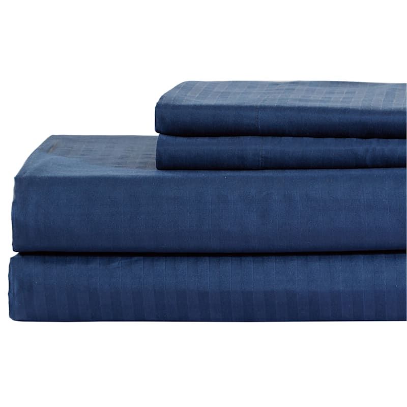 4 Piece Striped Sheet Set, Queen, Navy Blue | At Home For Navy Blue And White Striped Ottomans (View 9 of 20)