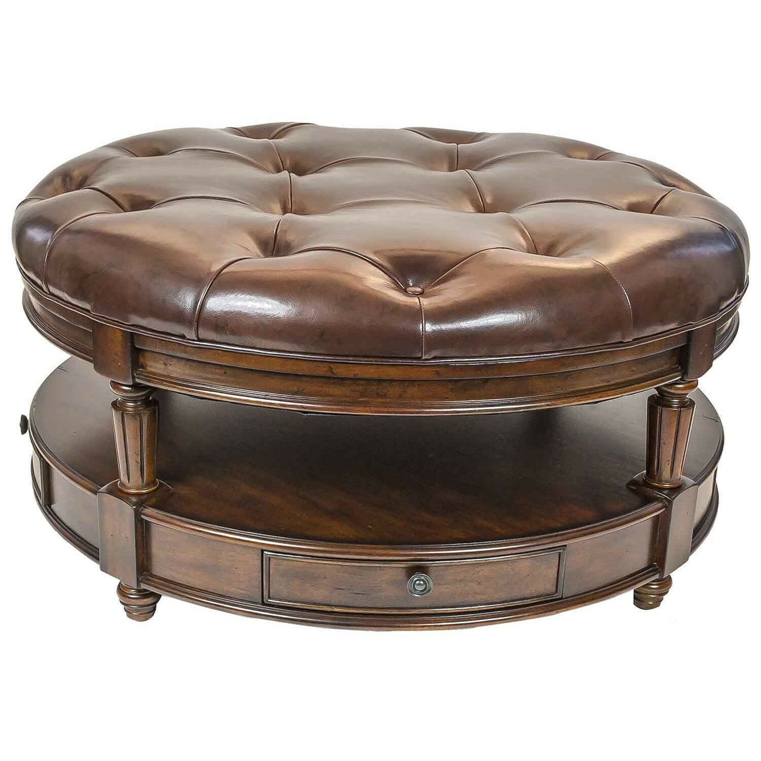 42''d Faux Leather Round Ottoman In Brown W/storage Drawers – Ottomans With Regard To Brown Tufted Pouf Ottomans (View 5 of 20)
