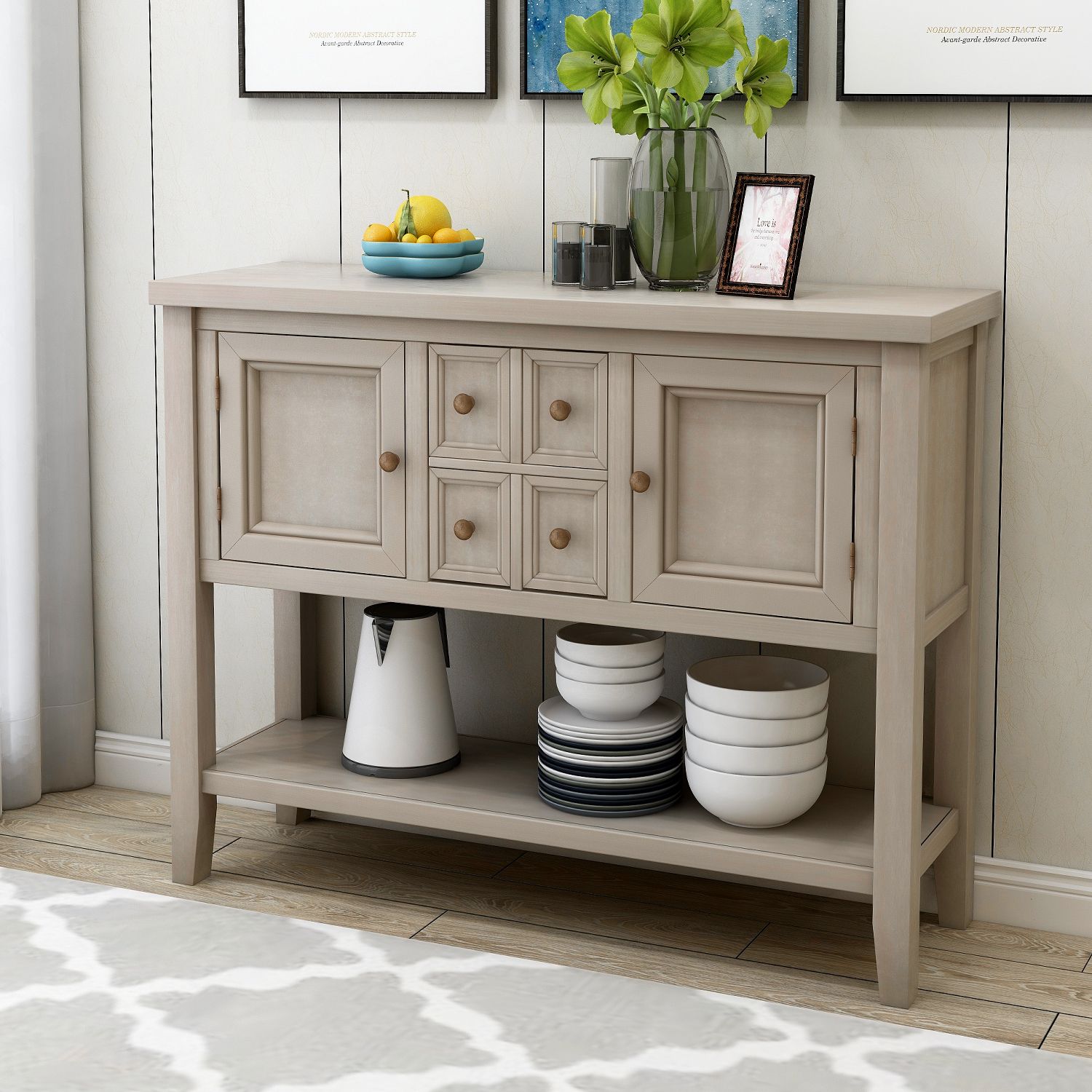 46'' X 15'' X 34'' Wood Console Table With 4 Storage Drawers, Buffet Pertaining To Gray Driftwood Storage Console Tables (View 9 of 20)