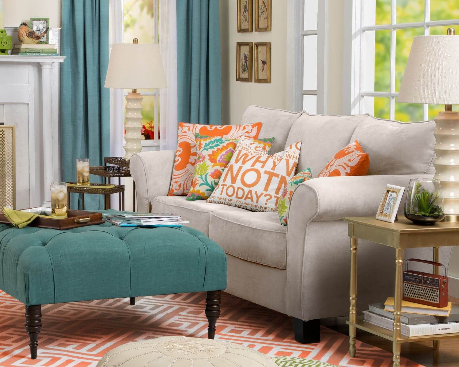 47 Beautiful Living Rooms With Ottoman Coffee Tables Throughout Orange Fabric Round Modern Ottomans With Rope Trim (View 18 of 20)