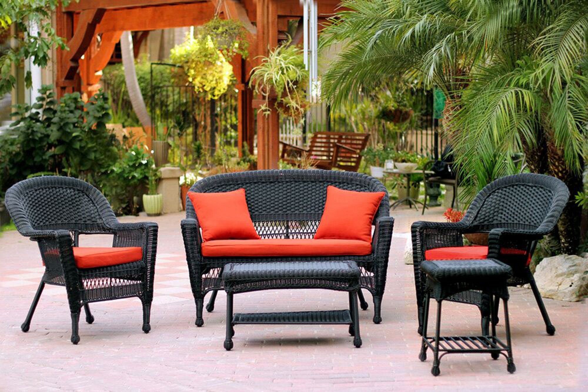 5 Piece Black Resin Wicker Patio Chair, Loveseat & Table Furniture Set Pertaining To Black And Tan Rattan Console Tables (View 18 of 20)
