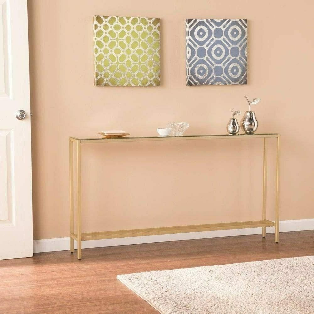 55" Slim Console Table Gold Mirror Top Glam Intended For Antique Gold Aluminum Console Tables (View 3 of 20)