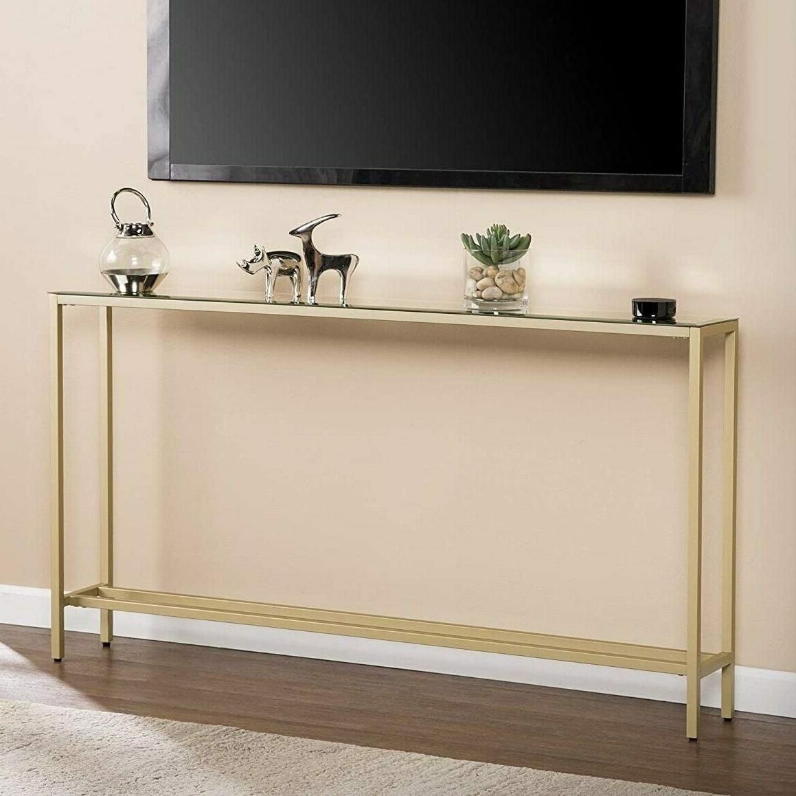 55" Slim Console Table Gold Mirror Top Glam Regarding Metallic Gold Modern Console Tables (View 4 of 20)