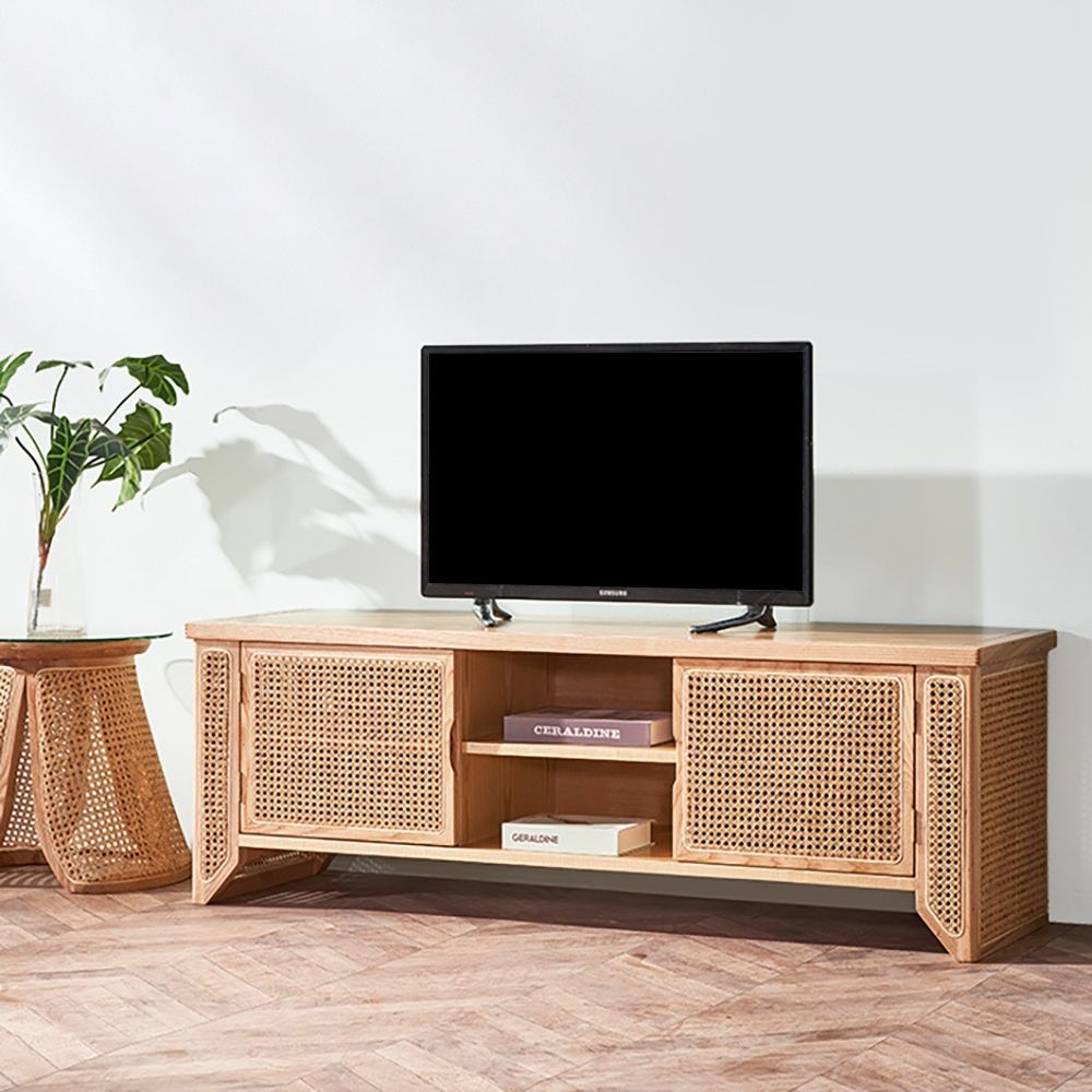 57" Japanese Natural Tv Stand Rattan Woven Media Console With Storage Within Natural Woven Banana Console Tables (Gallery 20 of 20)