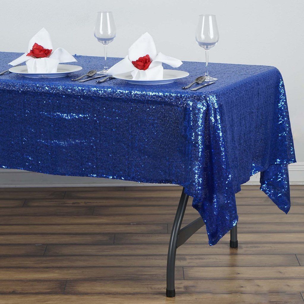 60"x102" Royal Blue Premium Sequin Rectangle Tablecloth In 2020 | Royal Within Royal Blue Round Accent Stools With Fringe Trim (View 19 of 20)