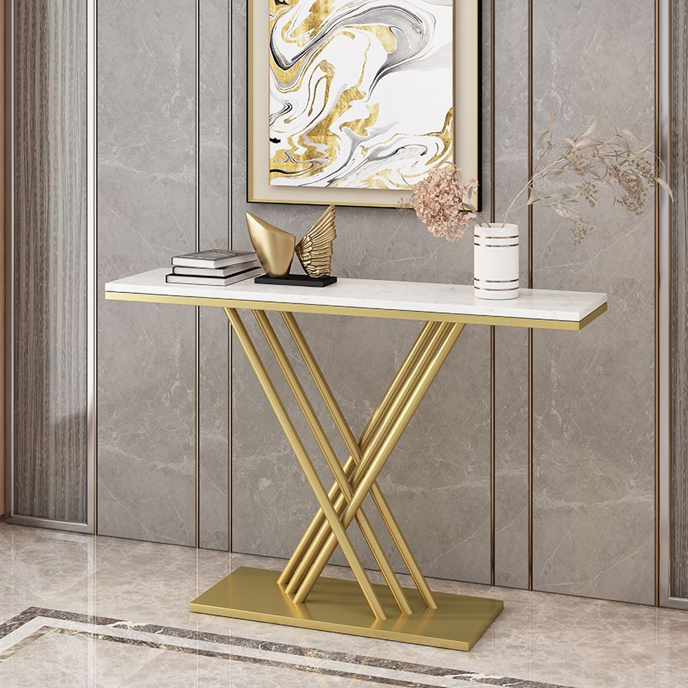 800mm Narrow Rectangular Console Table With Marble Top In White Regarding White Marble And Gold Console Tables (View 1 of 20)