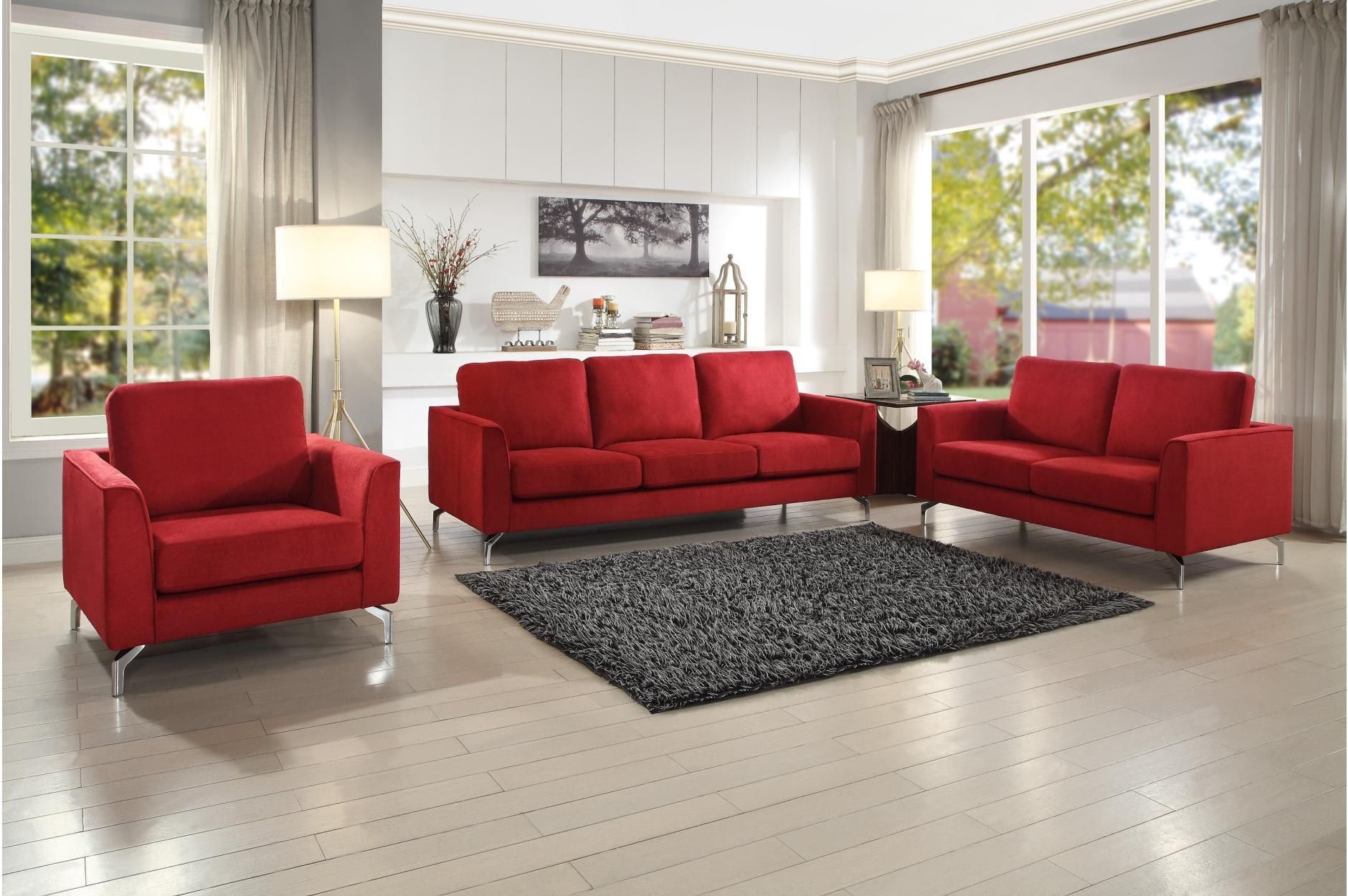9935rd 3 Canaan Red Fabric Finish 3 Piece Sofa Set – Luchy Amor Furniture Intended For 3 Piece Console Tables (View 7 of 20)