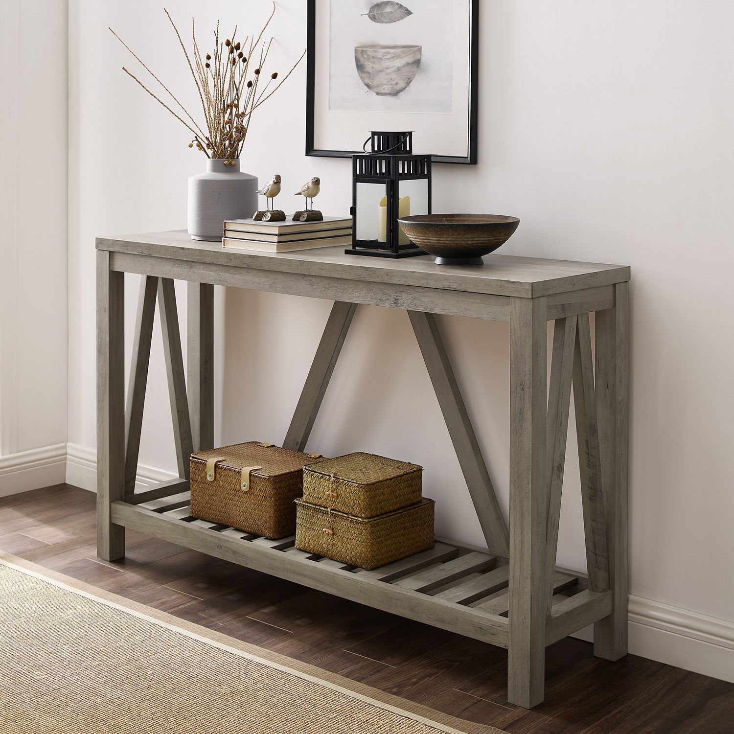 A Frame Rustic Gray Wash Console Table – Pier1 Imports Within Rustic Barnside Console Tables (View 10 of 20)