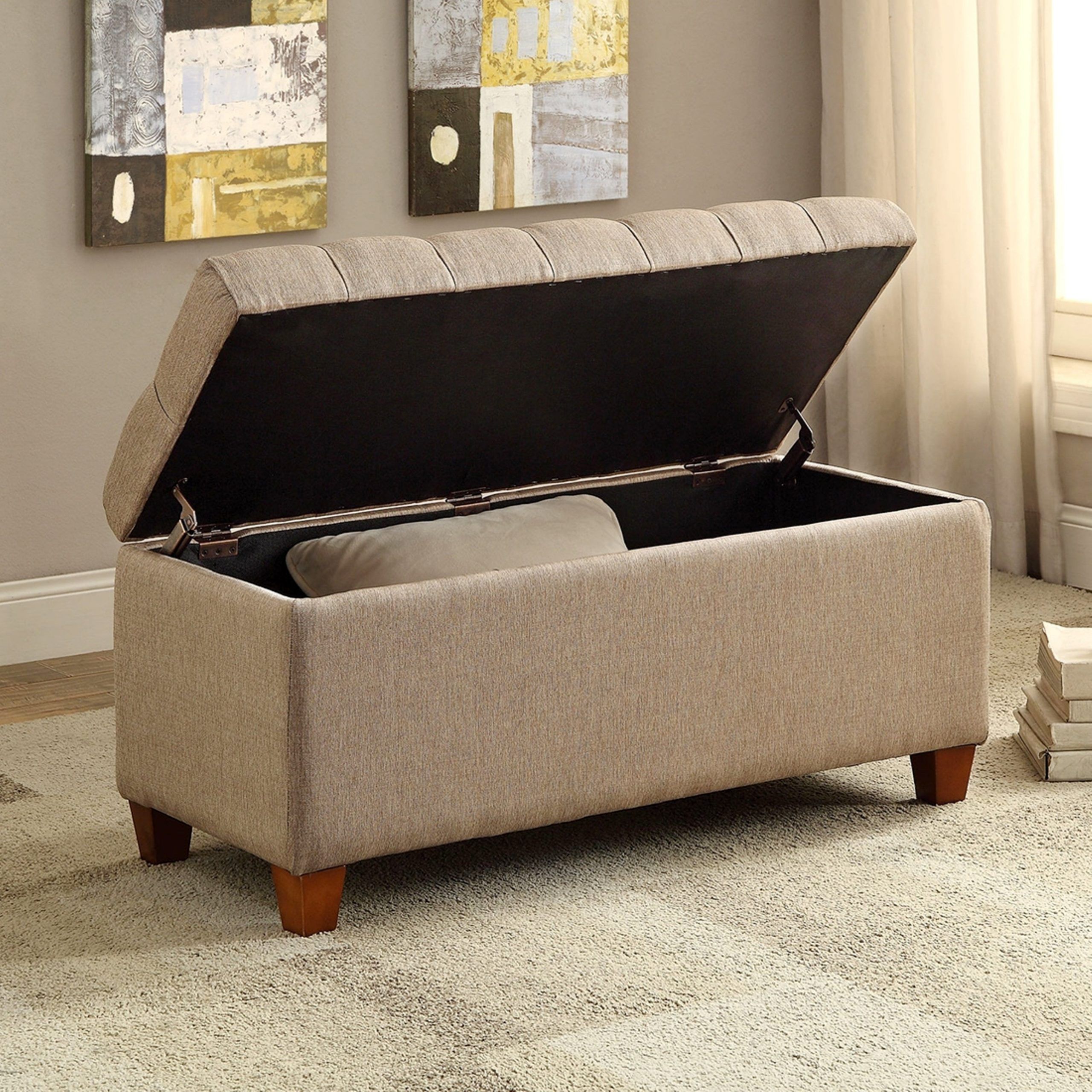 A Line Furniture Lankary Tufted Taupe Upholstered Storage Ottoman Bench With Tufted Ottoman Console Tables (View 12 of 20)