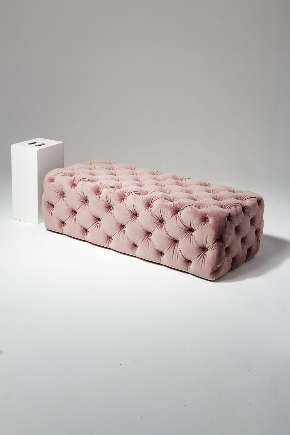 Ab053 Kay Tufted Pink Velvet Ottoman Prop Rental | Acme Brooklyn For Round Gray And Black Velvet Ottomans Set Of  (View 2 of 20)