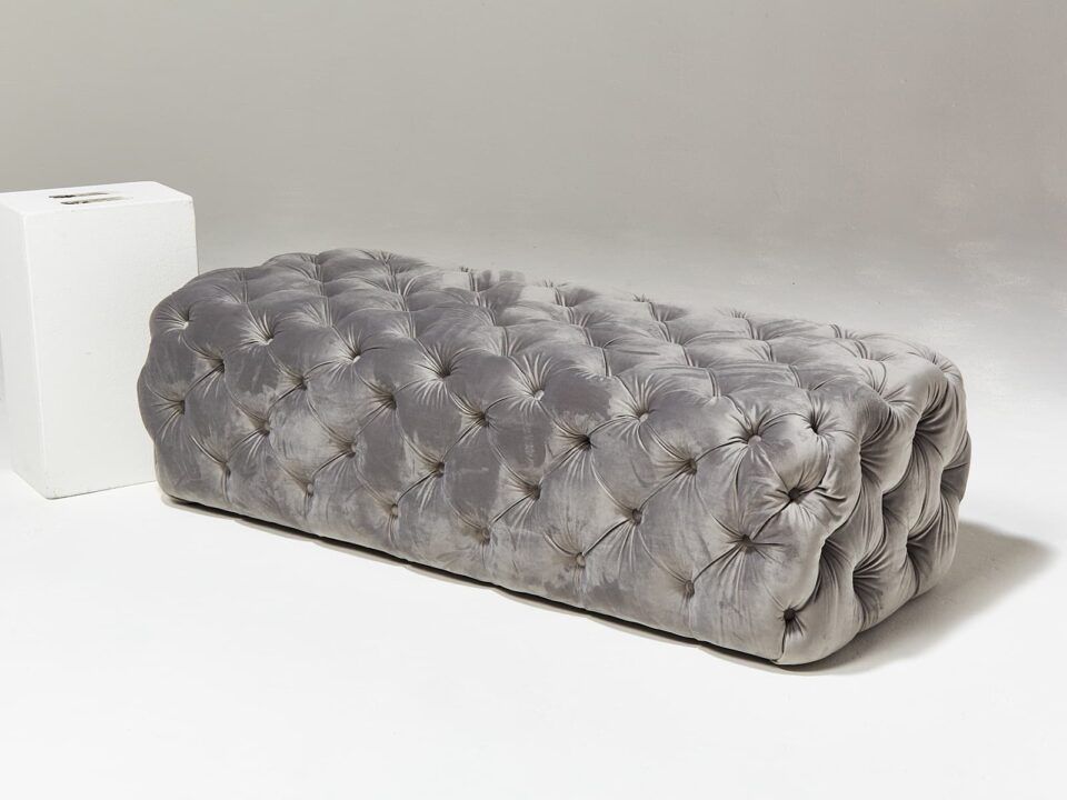 Ab061 Murphy Tufted Grey Velvet Ottoman Prop Rental | Acme Brooklyn Intended For Charcoal Gray Velvet Tufted Rectangular Ottoman Benches (View 15 of 19)