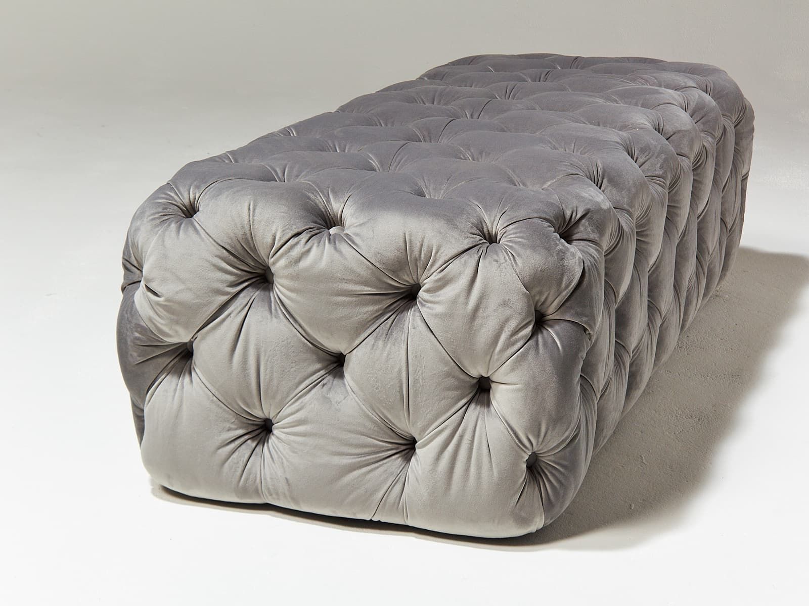 Ab061 Murphy Tufted Grey Velvet Ottoman Prop Rental | Acme Brooklyn Throughout Gray Velvet Oval Ottomans (View 15 of 20)