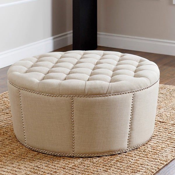Abbyson Newport Beige Fabric Nailhead Trim Ottoman – Free Shipping Within Gray Fabric Round Modern Ottomans With Rope Trim (View 1 of 20)