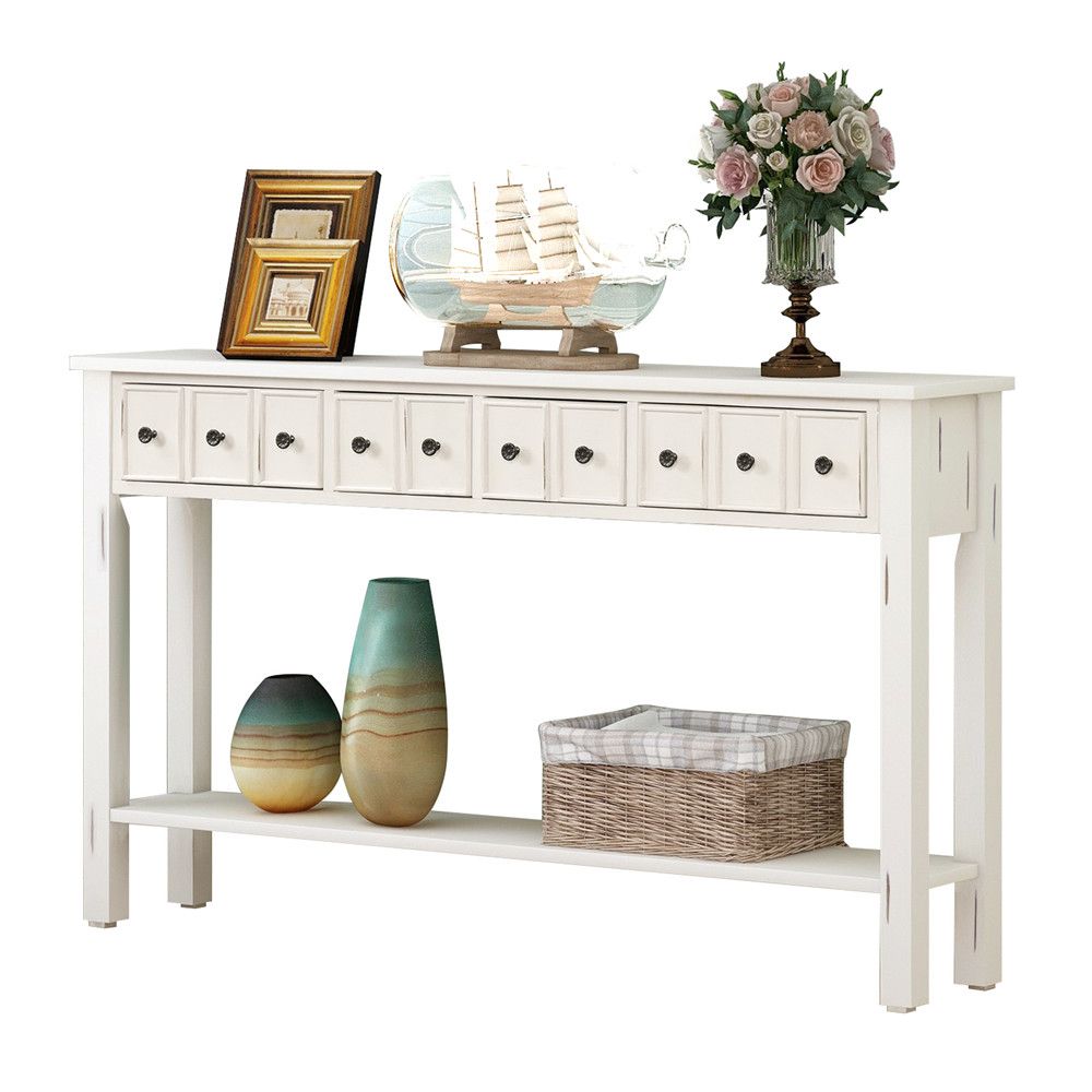 Accent 60" Long Console Table With Storage Vintage Style Decorative In White Geometric Console Tables (Gallery 20 of 20)