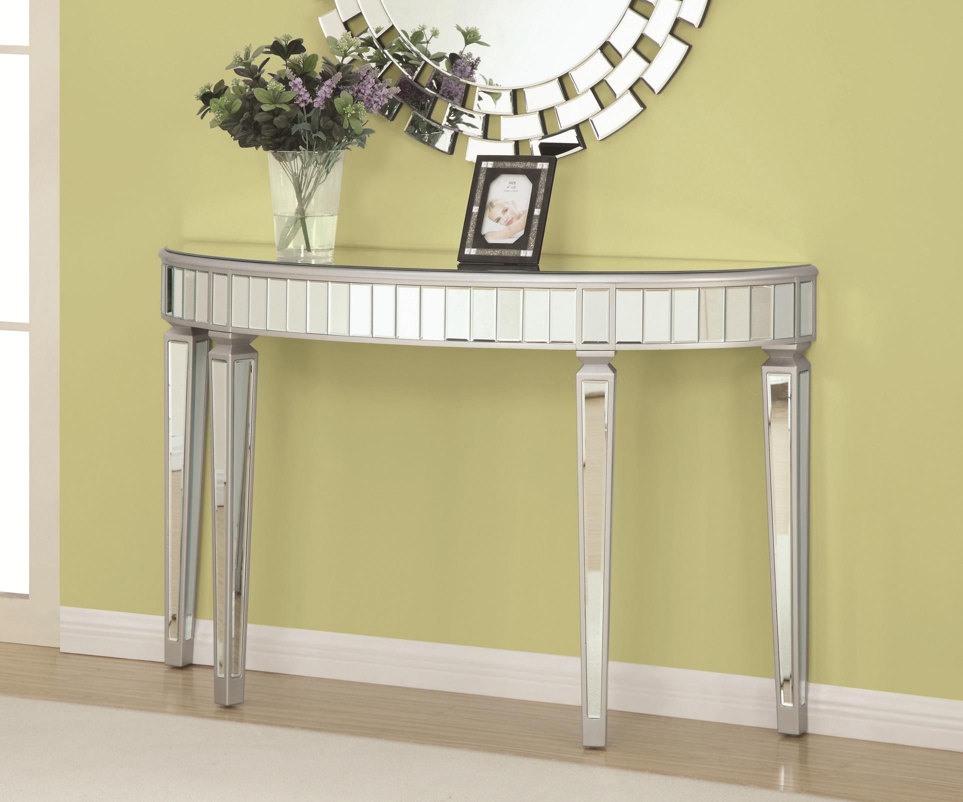 Accent Cabinets Half Oval Mirrored Console Table | Quality Furniture At With Glass And Gold Oval Console Tables (View 10 of 20)
