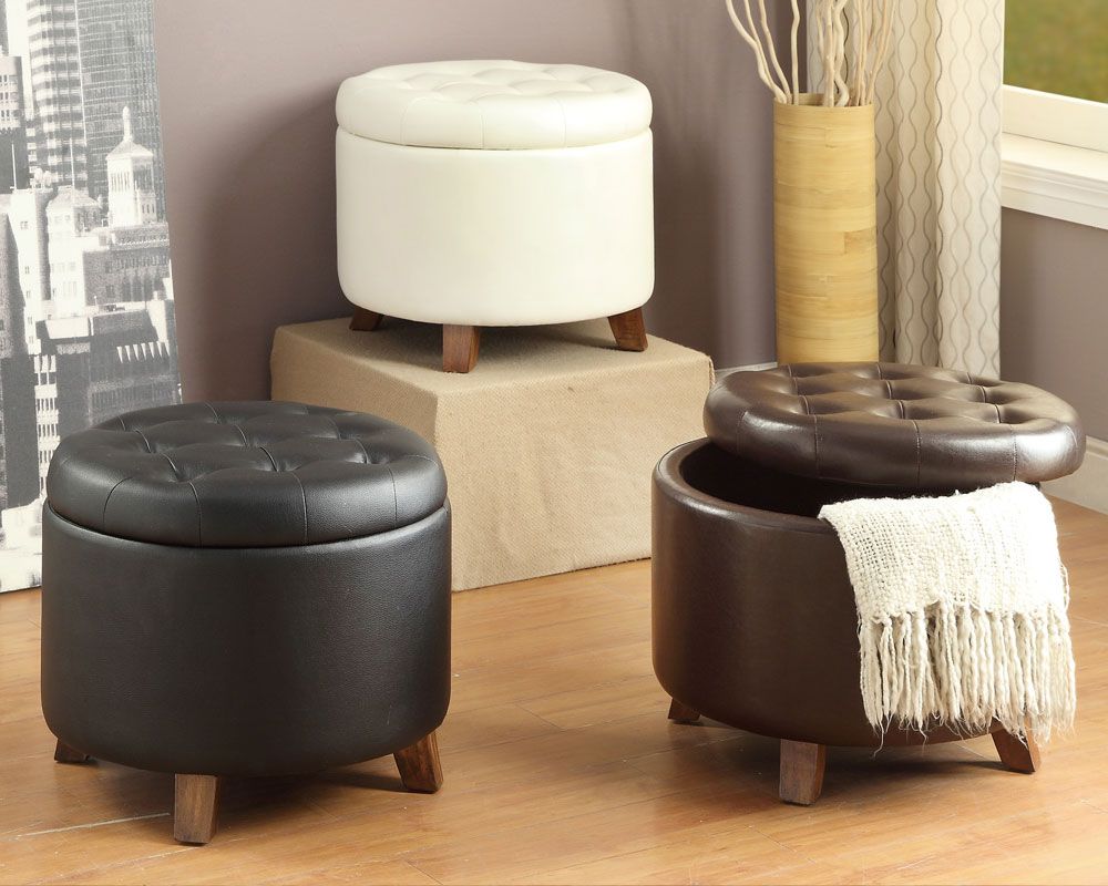 Accent Cute Organizer Round Storage Ottoman Footstool Pouf Faux Leather Throughout White Faux Fur Round Accent Stools With Storage (View 14 of 20)