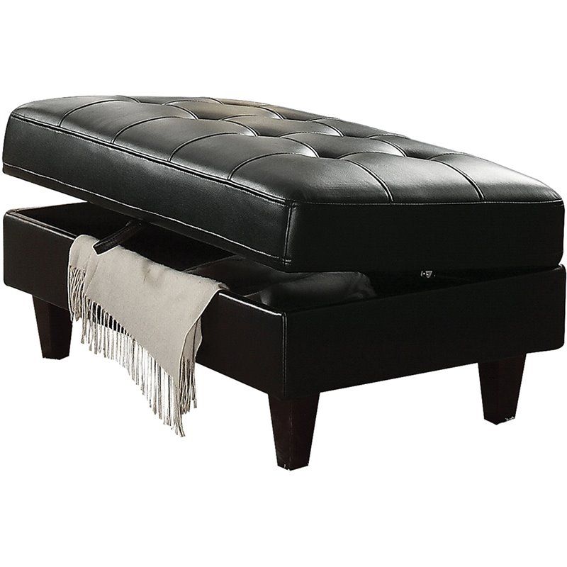 Acme Nate Faux Leather Tufted Storage Ottoman In Black – 50268 With Black Leather Foot Stools (View 1 of 20)