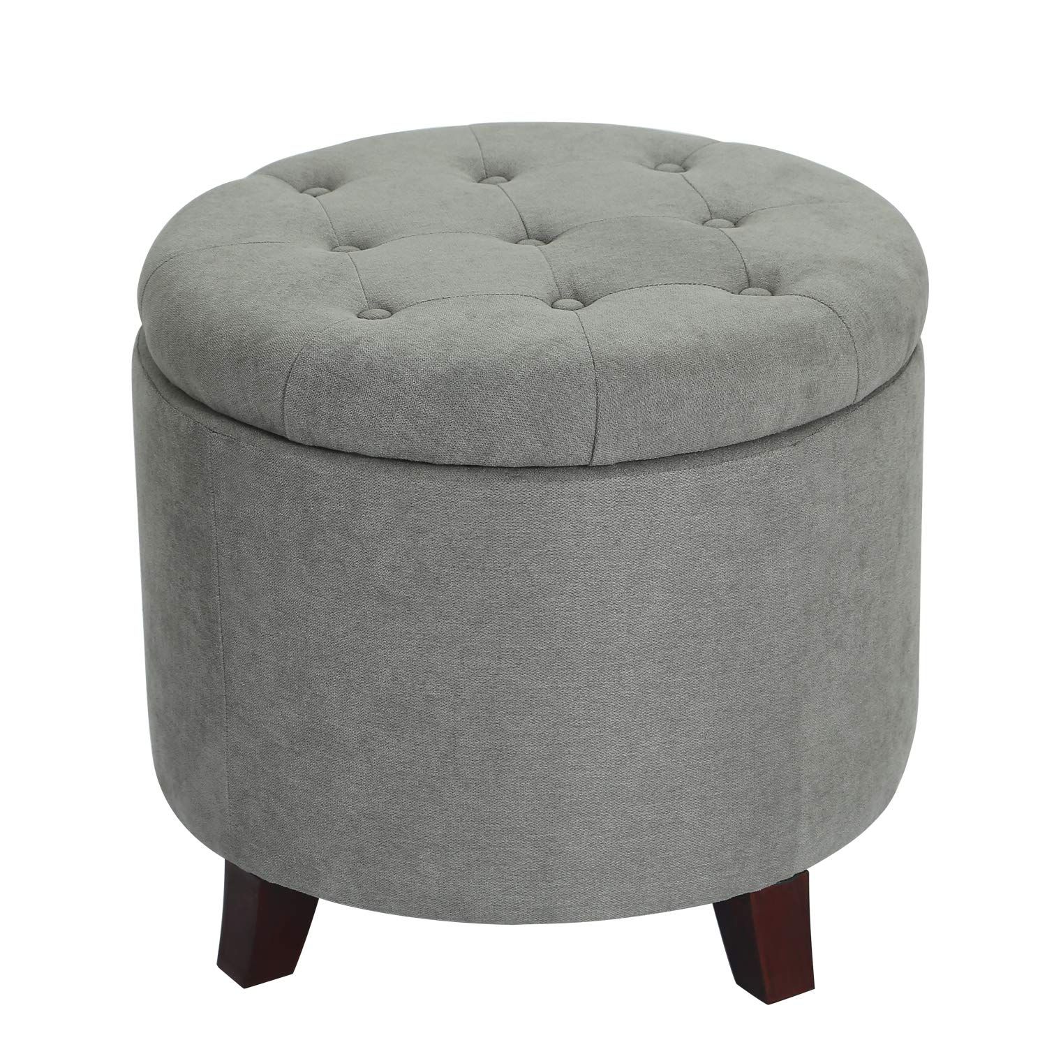 Adeco Fabric Cushion Round Button Tufted Lift Top Storage Ottoman Intended For Gray Velvet Ribbed Fabric Round Storage Ottomans (View 1 of 20)