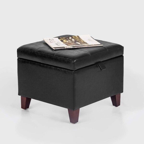 Adeco Square Faux Leather Storage Ottoman With Tufted Flip Top Intended For Black Faux Leather Ottomans With Pull Tab (View 2 of 20)