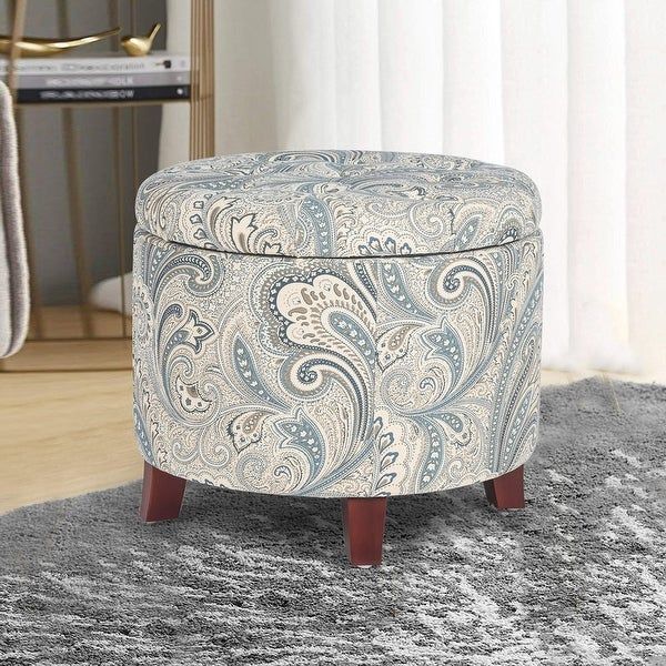 Adeco Tufted Round Ottoman With Storage Fabric Footstool Footrest Inside Cream Fabric Tufted Round Storage Ottomans (View 15 of 20)