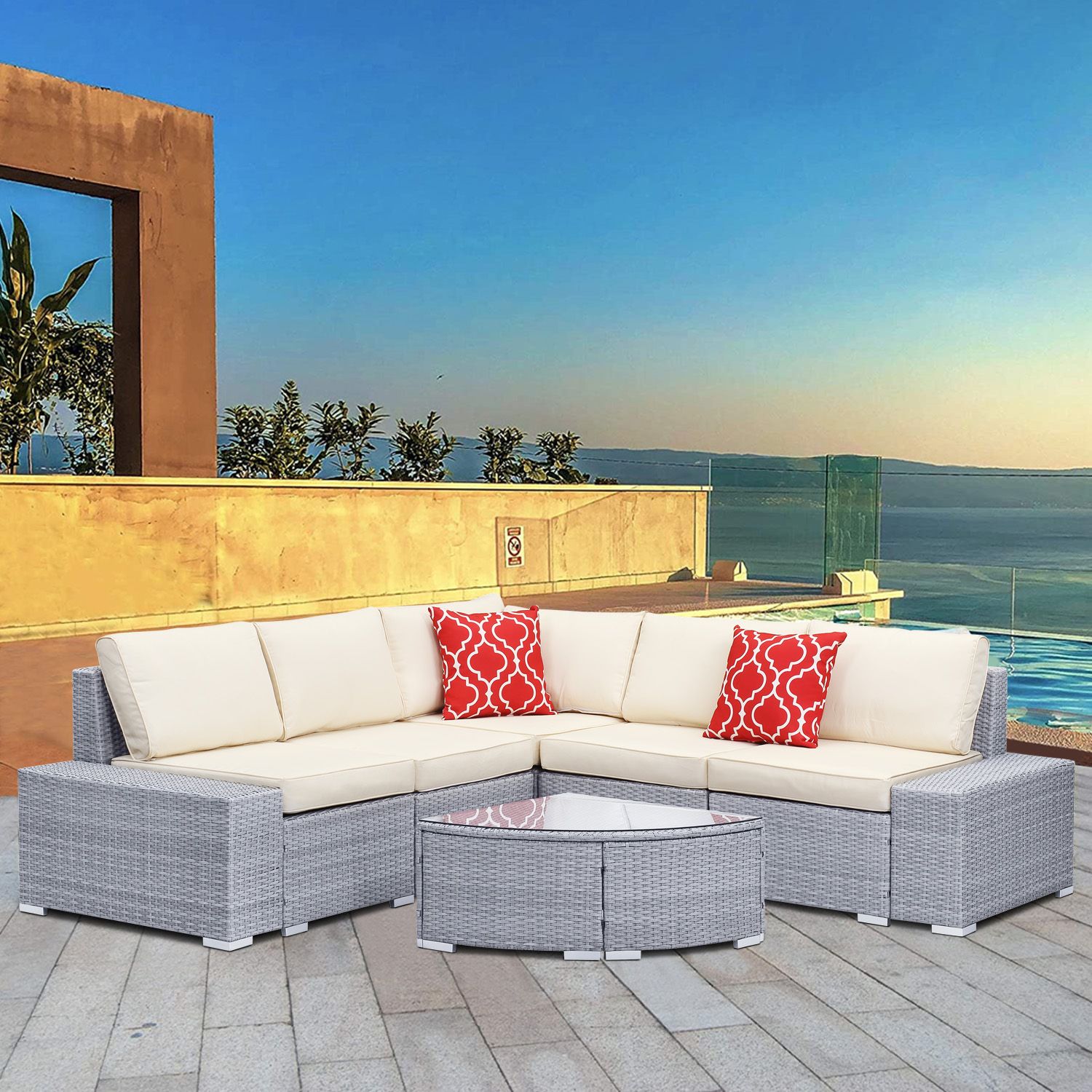 Ainfox 6 Pieces Outdoor Patio Furniture Patio Rattan Wicker Sectional In Ecru And Otter Console Tables (View 17 of 20)