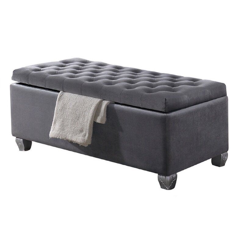 Alcott Hill® Crystal Like Button Tufted Velvet Storage Bench In Grey Regarding Rivet Gray Velvet Fabric Bench (View 7 of 20)