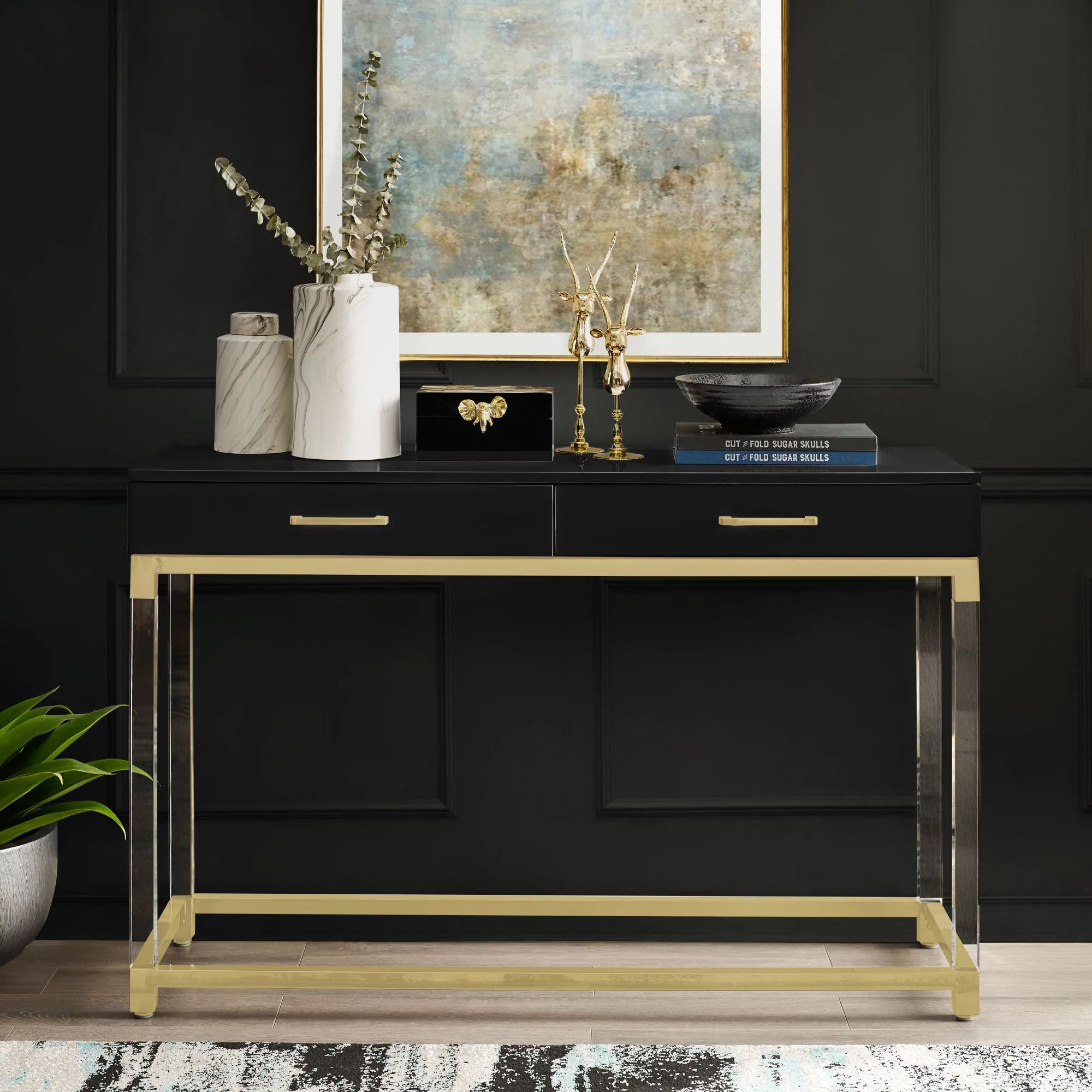Alena Black Console Table  2 Drawers | High Gloss | Acrylic Legs | Gold Intended For Acrylic Console Tables (View 4 of 20)