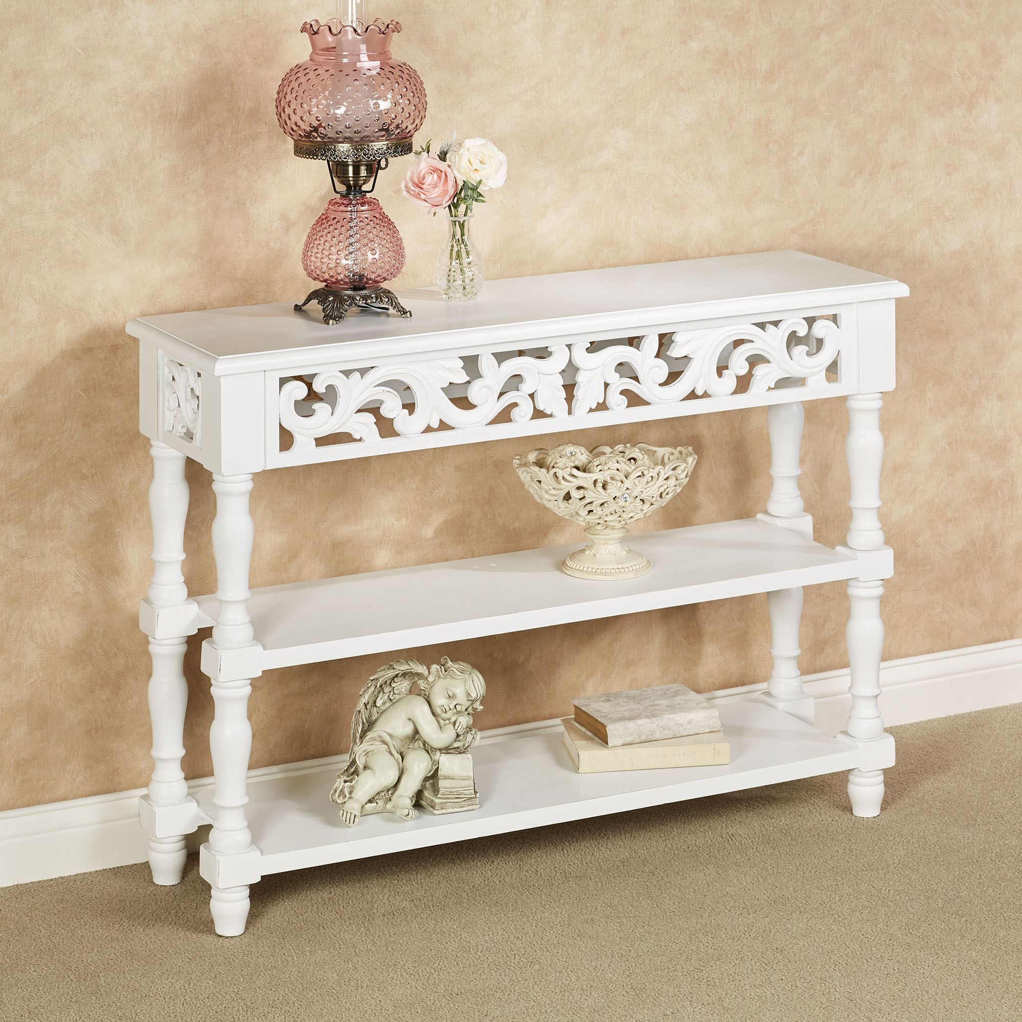 Alisanne Scrolling Antique White Console Table For Vintage Coal Console Tables (View 7 of 20)