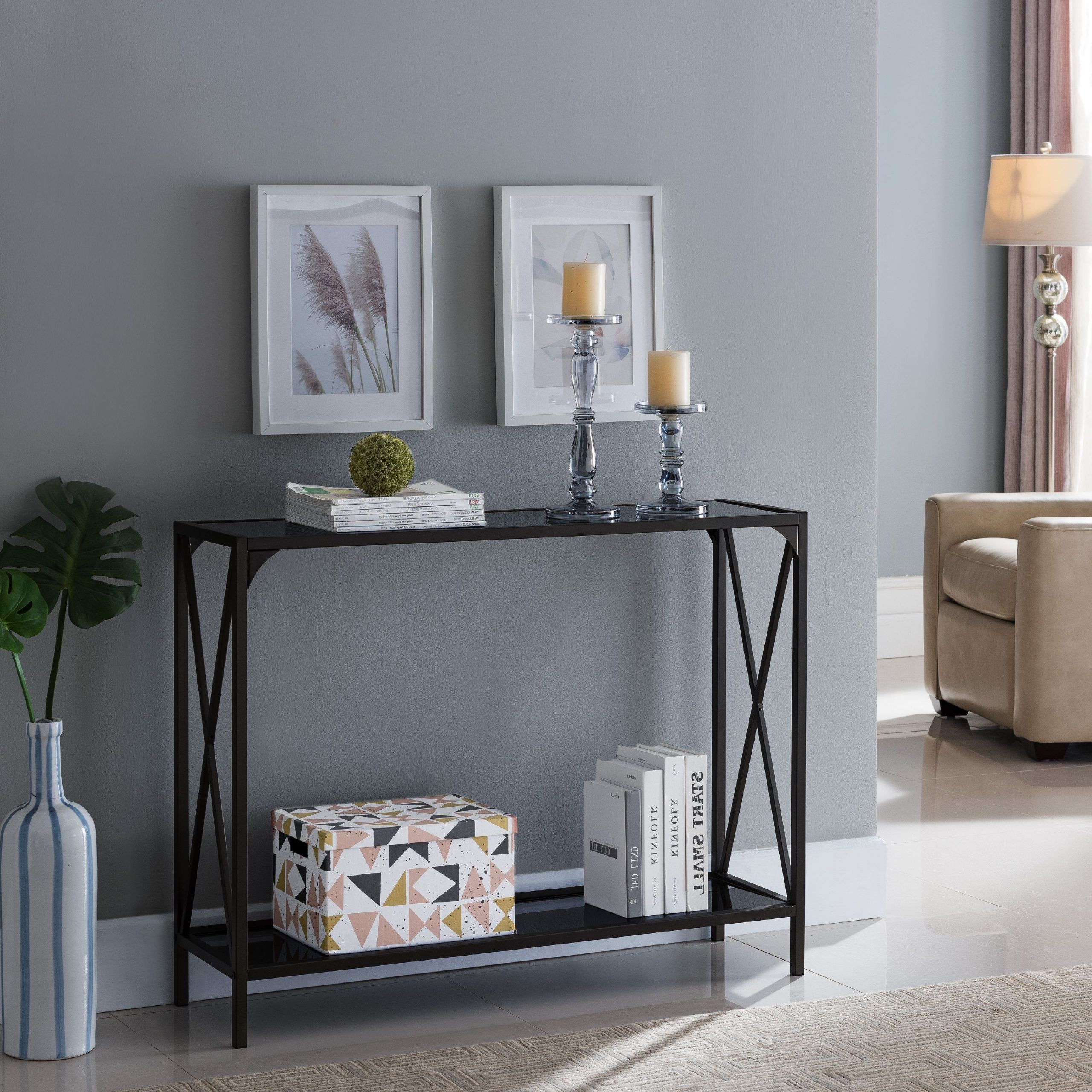 Allegheny Entryway Sofa Console Table, Pewter Metal Frame & Black Glass Throughout Black Console Tables (View 8 of 20)
