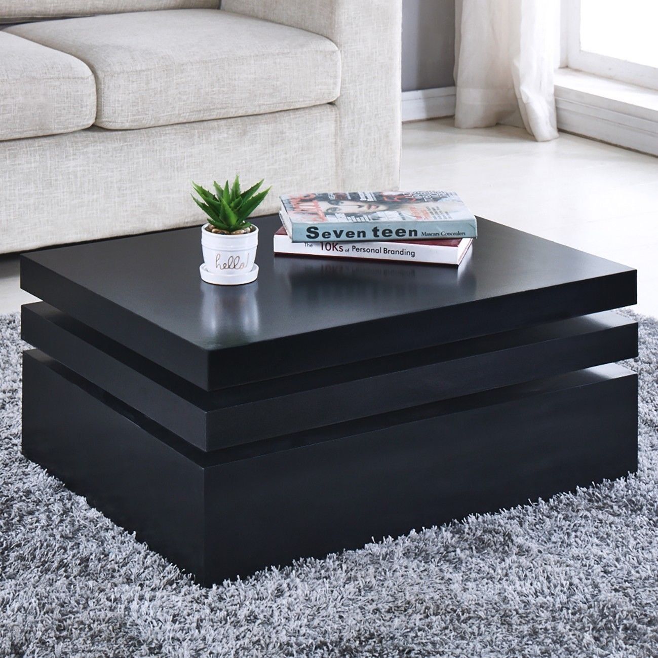 Amazon: Black Square Coffee Sofa Table/rotating Cont… | Modern Within Square Matte Black Console Tables (View 17 of 20)