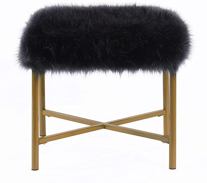 Amazon: Homepop Faux Fur Square Stool With Metal Legs, Black Within Charcoal Brown Faux Fur Square Ottomans (View 15 of 20)