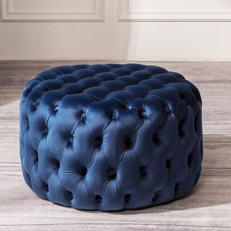 Amazon : Round Ottoman With Blue Soft Velvet Fabric Classic Button Within Green Fabric Oversized Pouf Ottomans (View 2 of 20)