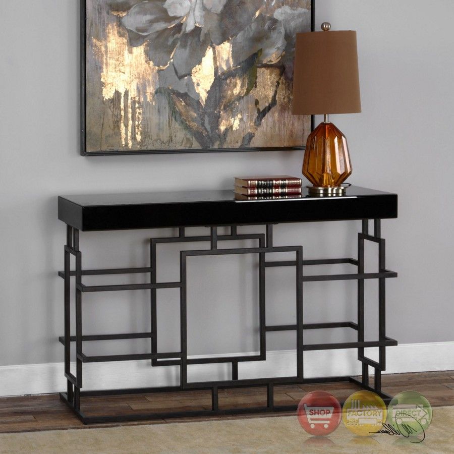 Andy Stylish Black Console Table In Geometric Iron Frame With Beveled Throughout White Geometric Console Tables (View 11 of 20)