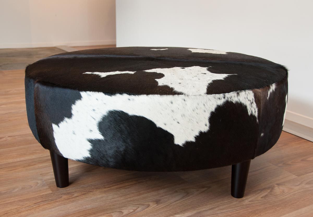 Animal Print Round Ottoman | Cowhide Ottoman, Round Ottoman, Leather Inside Gold And White Leather Round Ottomans (View 10 of 20)