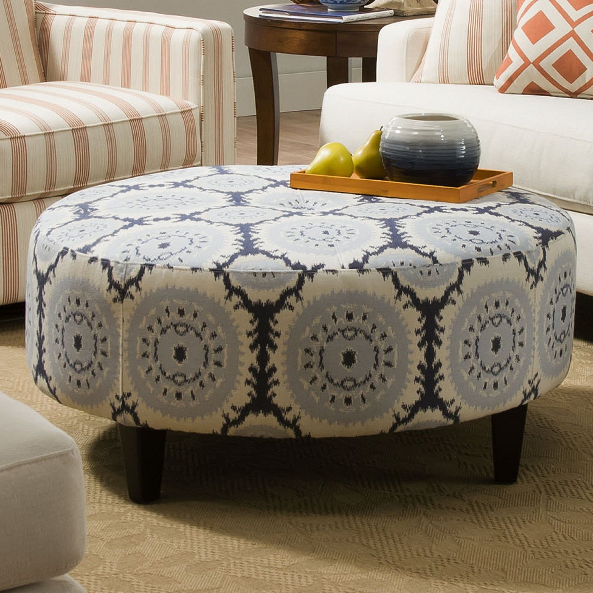 Anniston Asia Denim Blue Round Cocktail Ottoman | Blue Ottoman, Round Intended For Blue Slate Jute Pouf Ottomans (View 5 of 20)