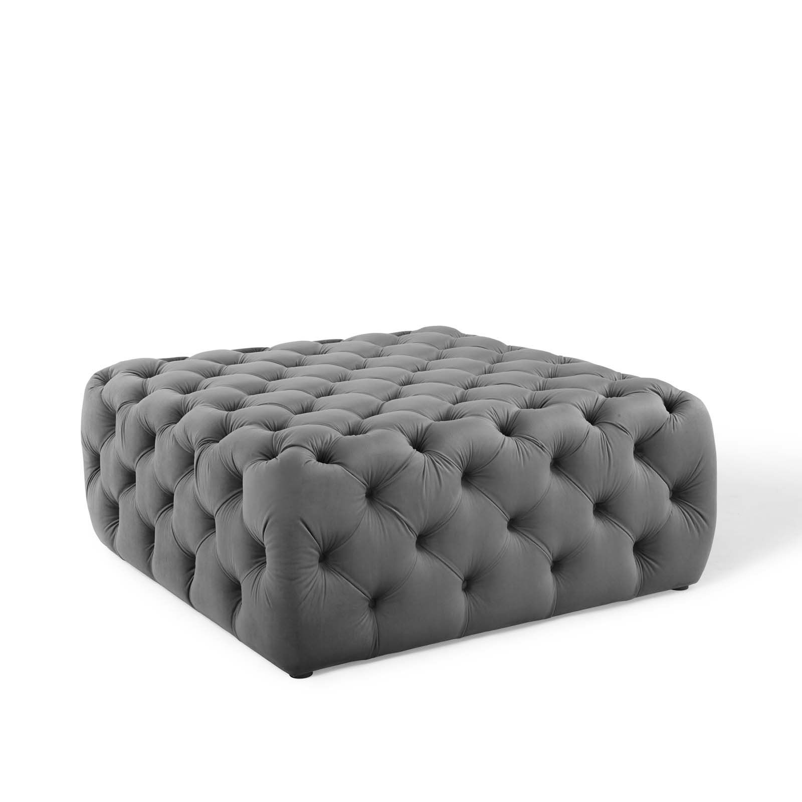 Anthem Tufted Button Large Square Performance Velvet Ottoman Gray Throughout Light Gray Velvet Fabric Accent Ottomans (View 2 of 20)
