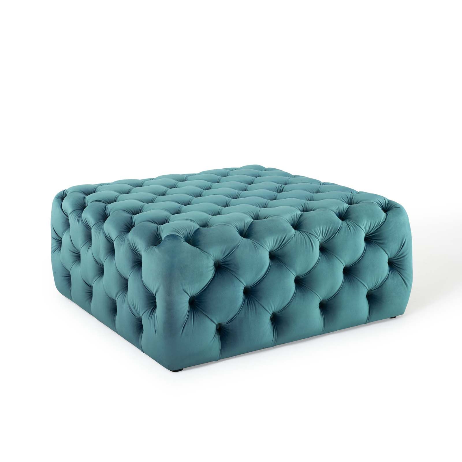 Anthem Tufted Button Large Square Performance Velvet Ottoman Sea Blue Pertaining To Light Gray Velvet Fabric Accent Ottomans (View 3 of 20)