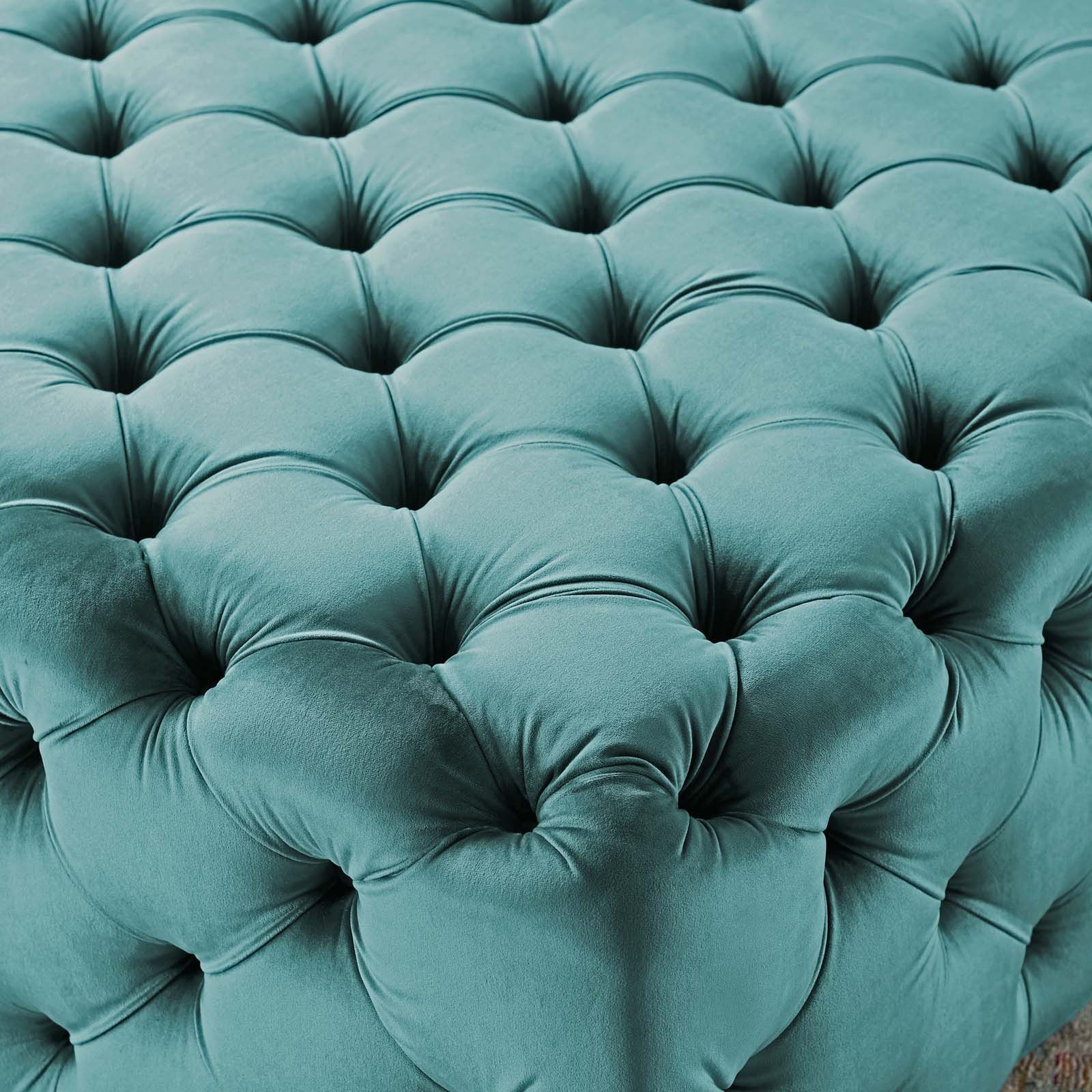 Anthem Tufted Button Large Square Performance Velvet Ottoman Sea Blue Throughout Blue Fabric Tufted Surfboard Ottomans (View 19 of 20)