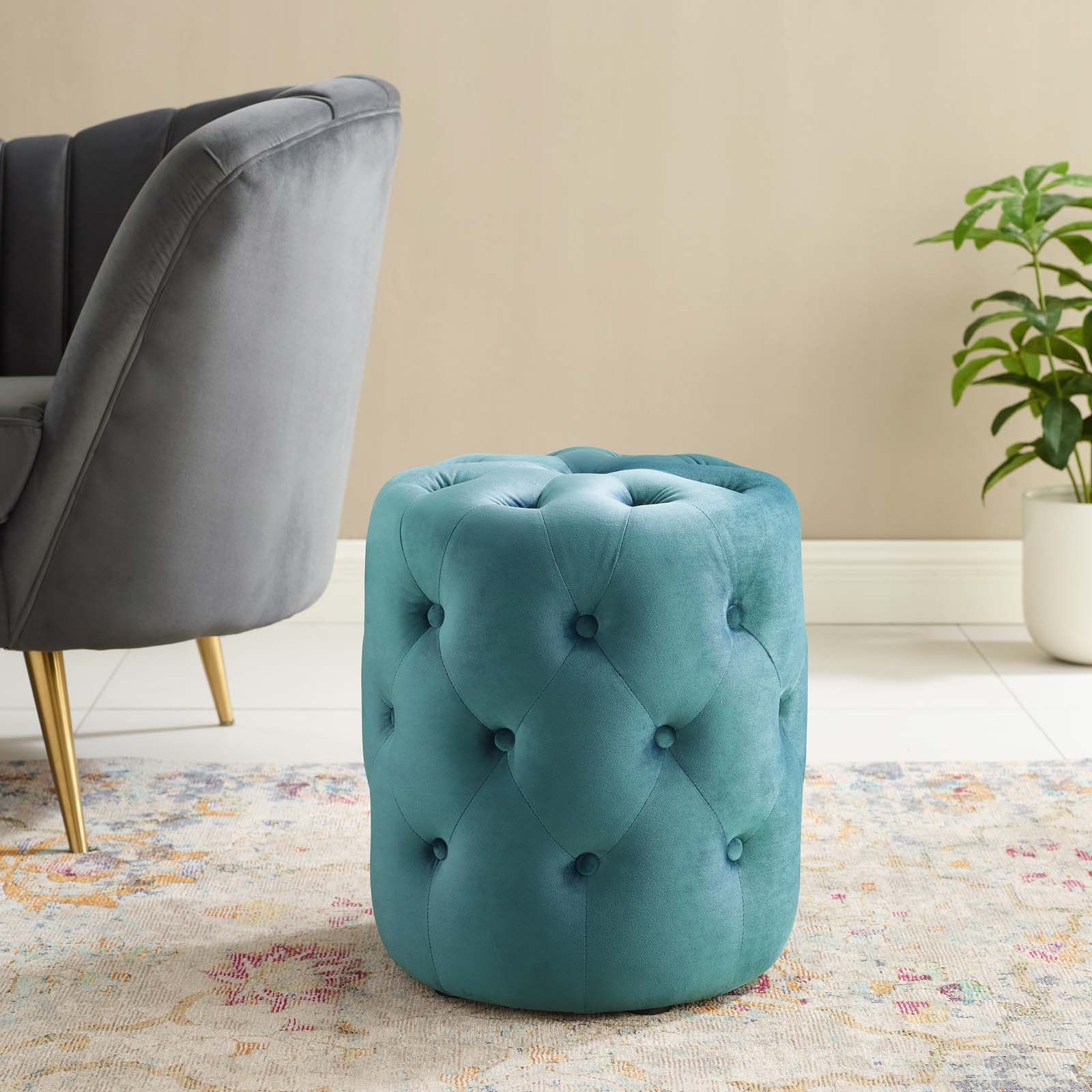 Anthem Tufted Button Round Performance Velvet Ottoman In Sea Blue Pertaining To Round Pouf Ottomans (View 3 of 20)