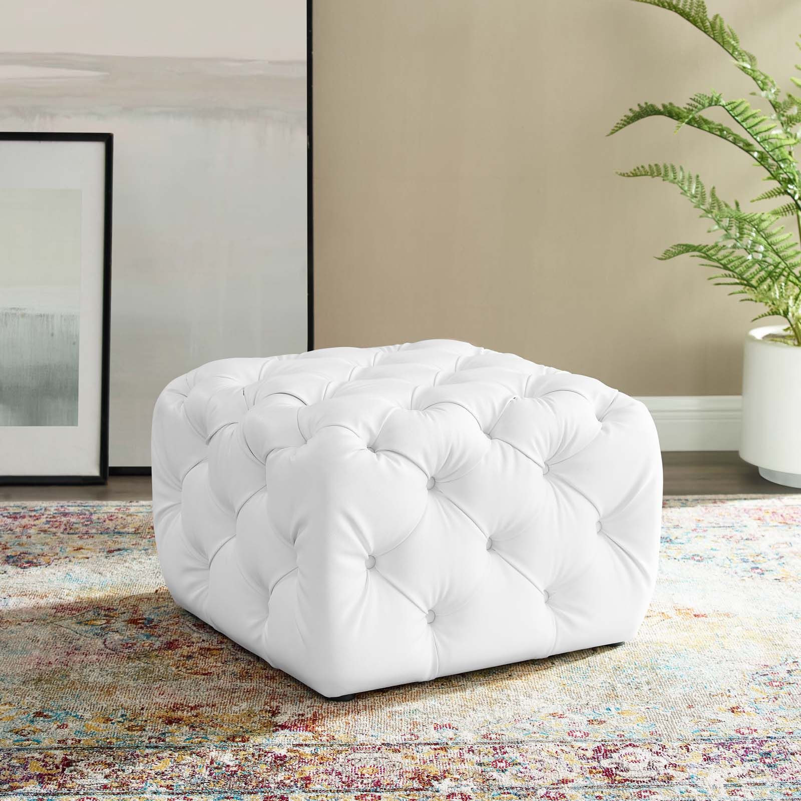Anthem Tufted Button Square Faux Leather Ottoman White With Regard To White Leatherette Ottomans (View 1 of 20)