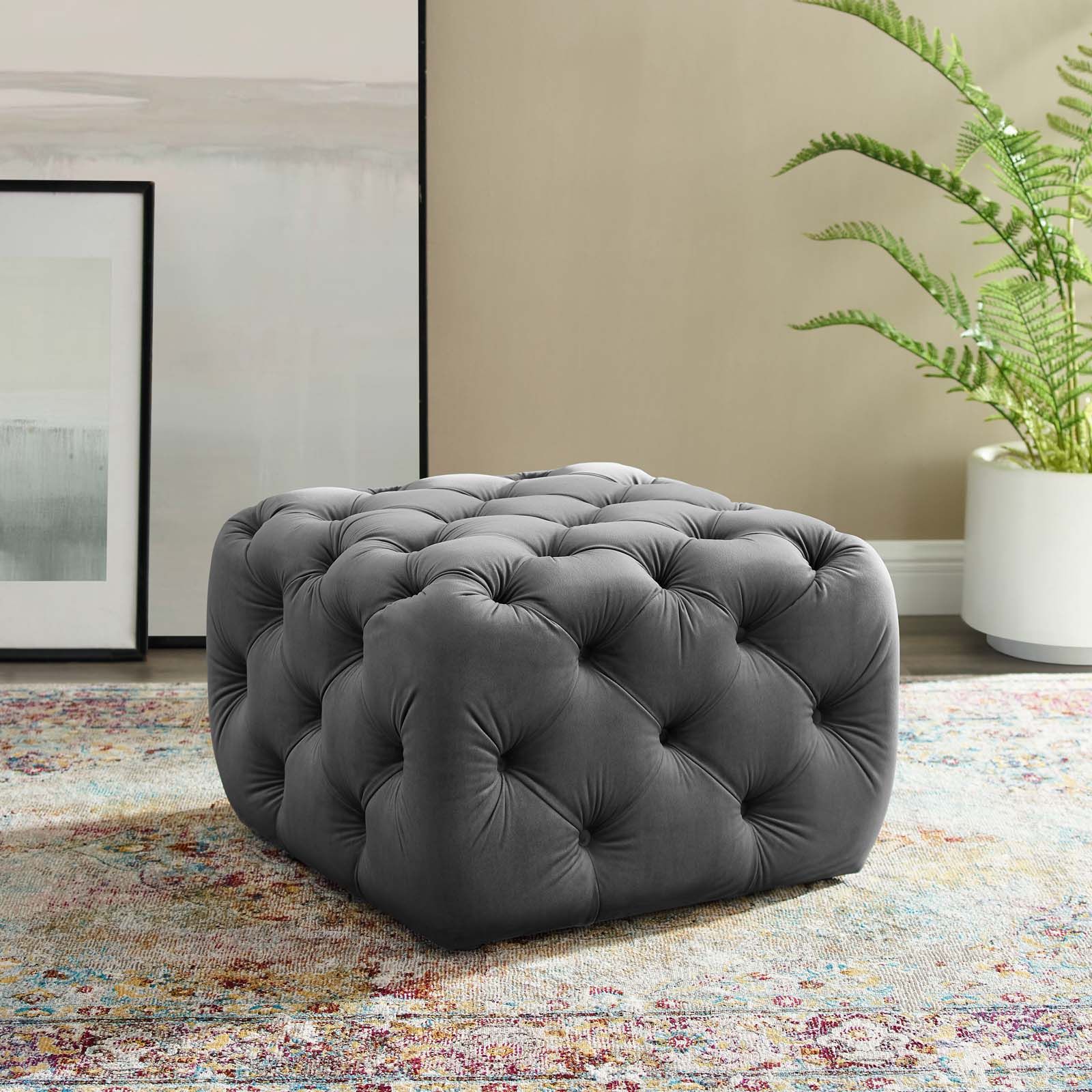 Anthem Tufted Button Square Performance Velvet Ottoman Gray With White Wool Square Pouf Ottomans (View 3 of 20)