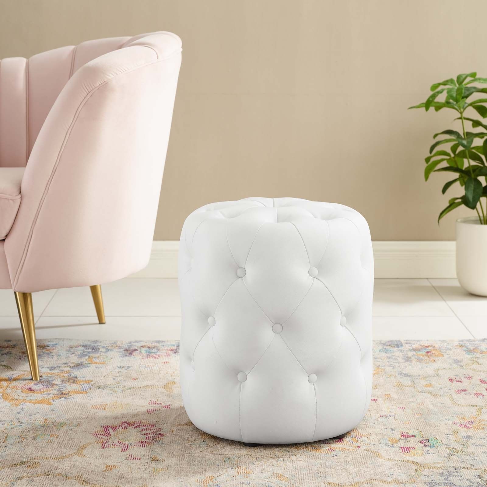 Anthem White Tufted Button Round Faux Leather Ottoman Eei 3777 Whi Regarding Round Blue Faux Leather Ottomans With Pull Tab (View 10 of 20)