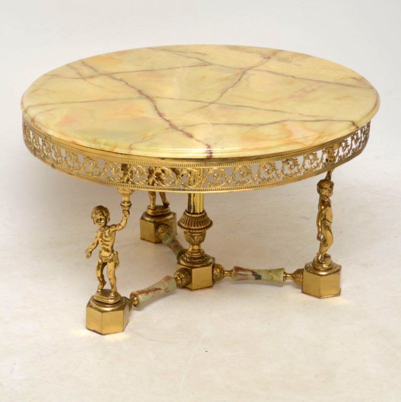 Antique Brass And Onyx Round Coffee Table – Marylebone Antiques Throughout Espresso Antique Brass Stools (View 18 of 20)