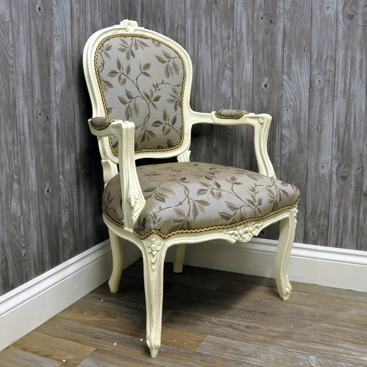 Antique Cream Finish French Style Louis Arm Chair With Grey Leaf Fabric Intended For Gray And Natural Banana Leaf Accent Stools (View 6 of 20)